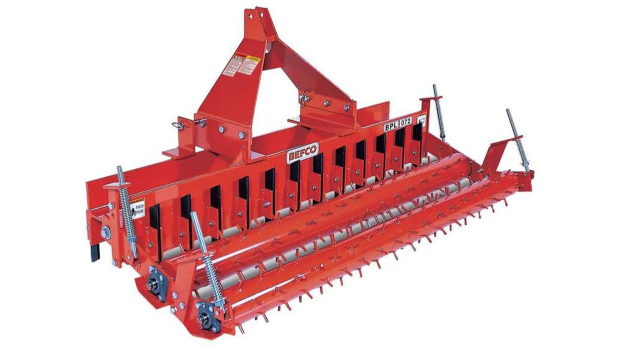 BEFCO BPL-SD soil pulverizer with spike roller and Cat. 1 hitch for ground leveling